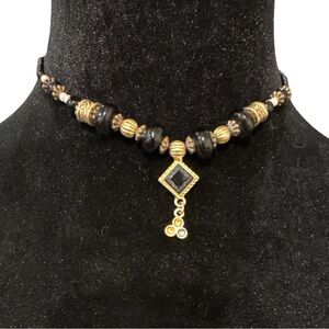 Robert Rose Necklace Black Beaded Gold Tone Accents Adjustable Length